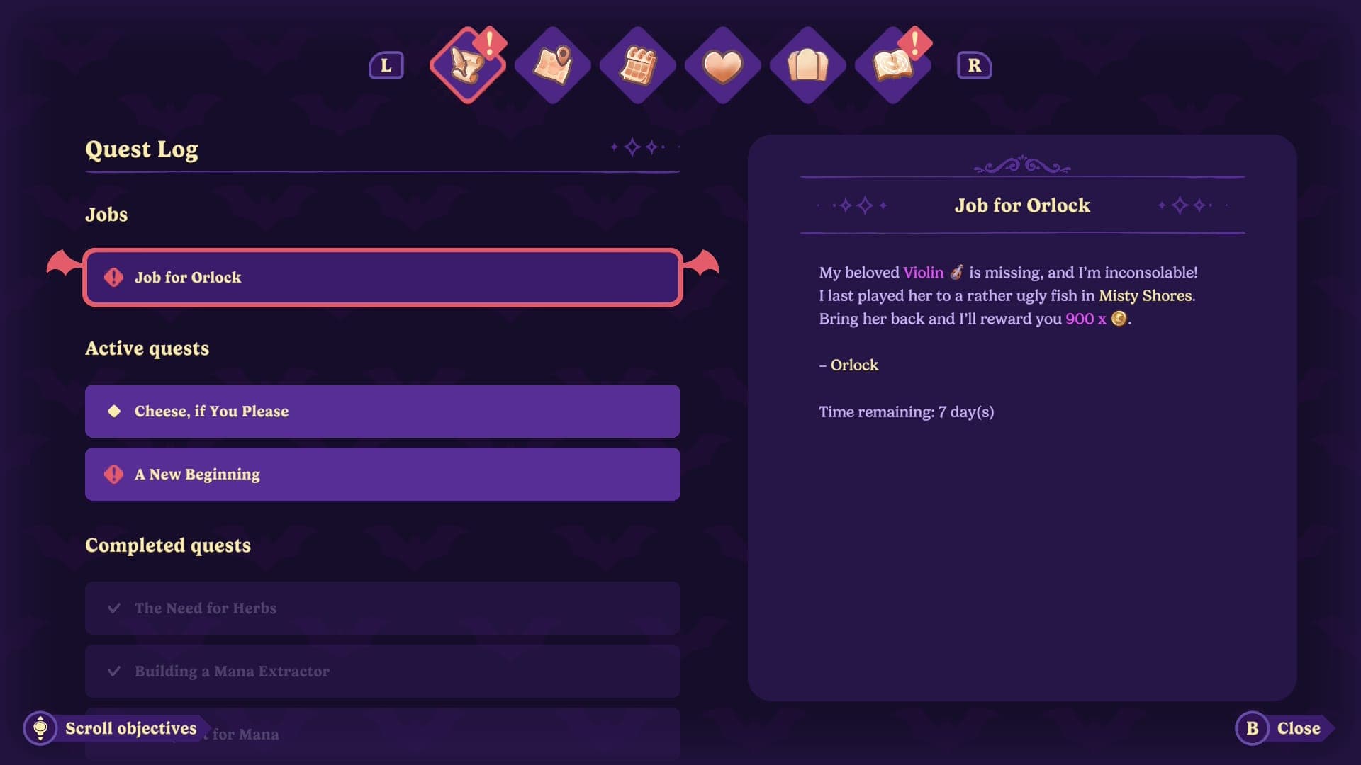 The Job Board entry for Orlock's Violin in Moonlight Peaks