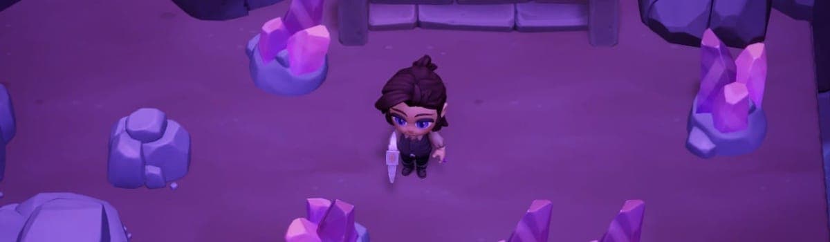 A fem-presenting vampire in Moonlight Peaks standing near Rose Quartz deposits with a pickaxe. 
