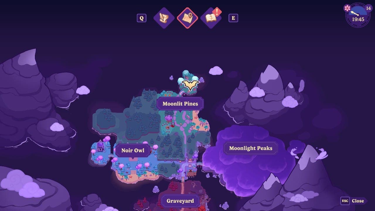 The map location for Iron, Copper, and Gold Ore in Moonlight Peaks.