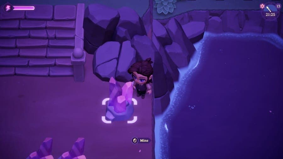 A fem-presenting vampire in Moonlight Peaks standing near a Rose Quartz deposit with a pickaxe. 