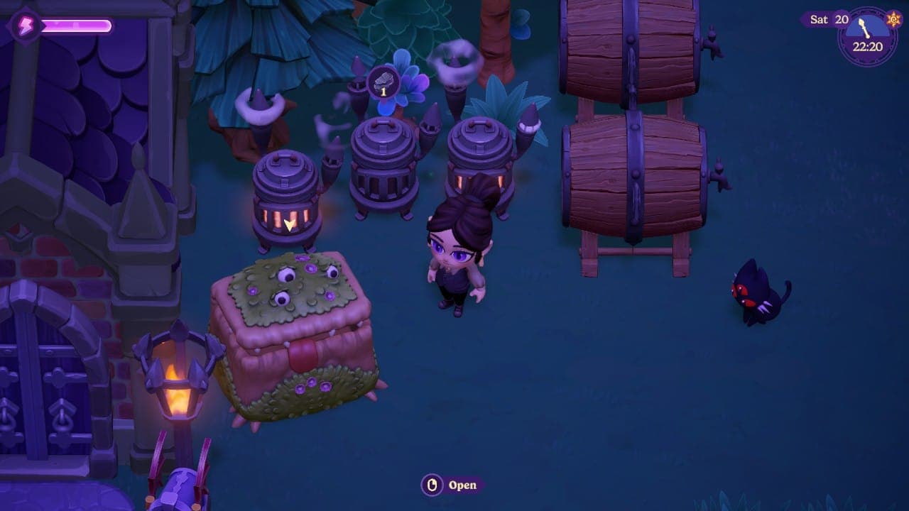 Player standing between kegs and furnaces in Moonlight Peaks.