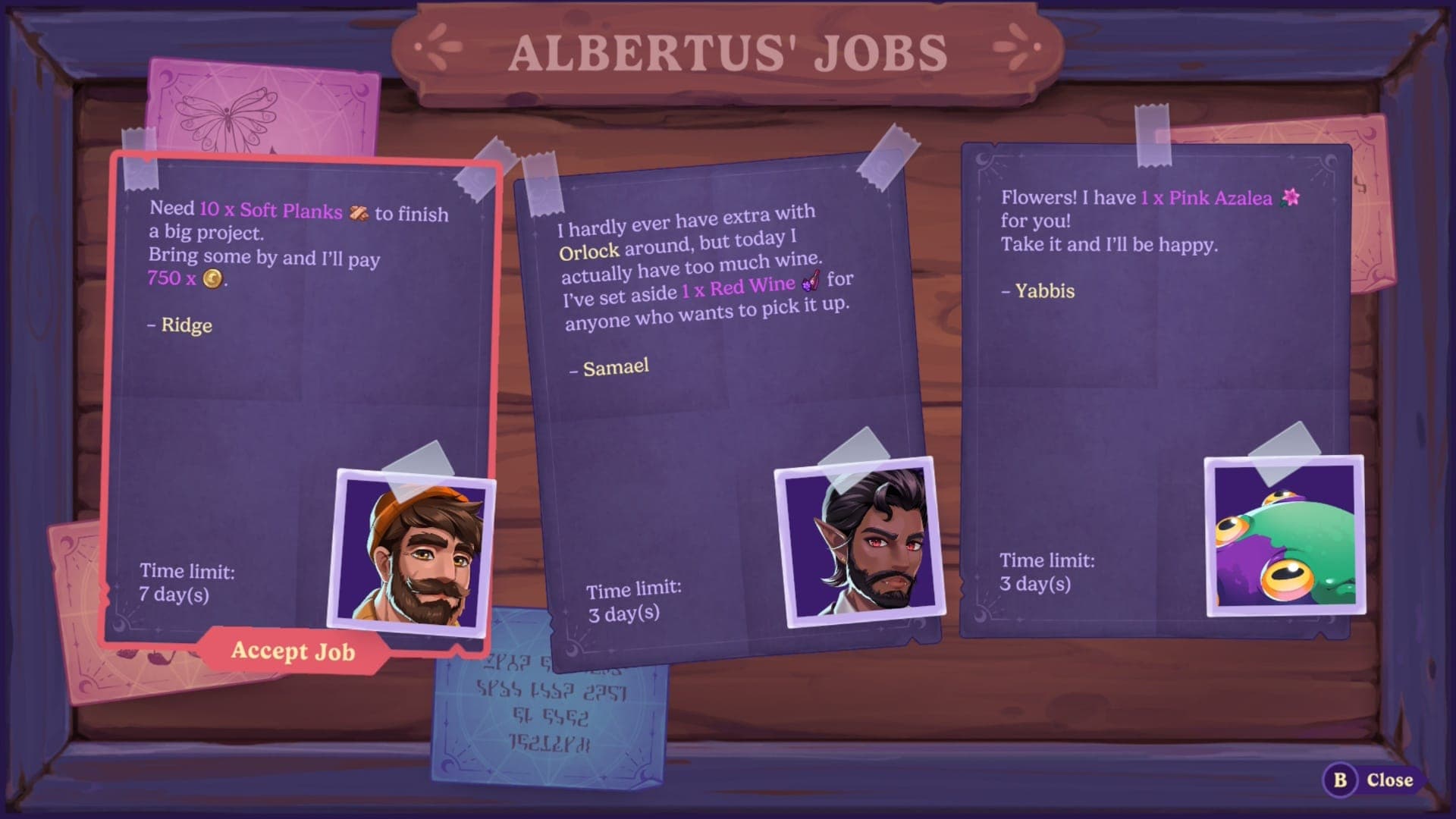 The job board requests in Moonlight Peaks