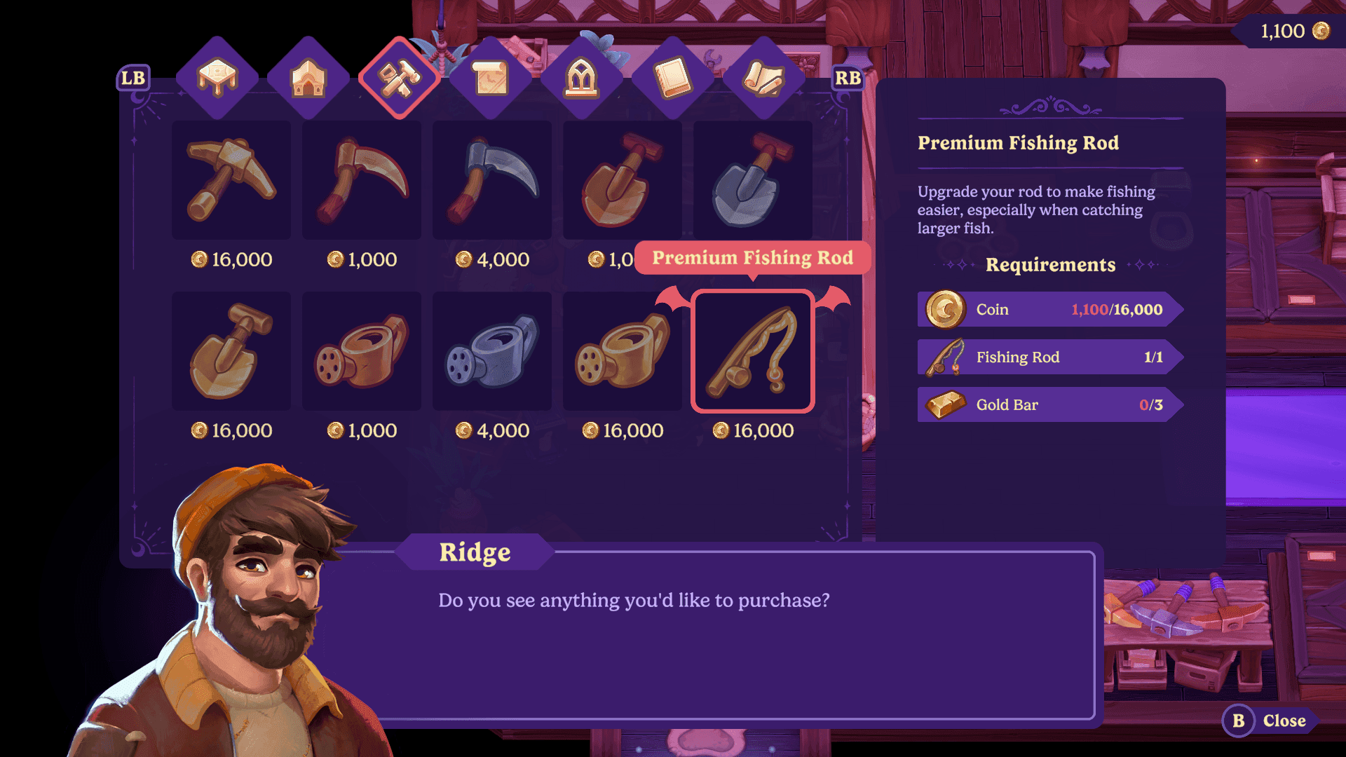 Ridge's shop Moonlight Peaks upgrades