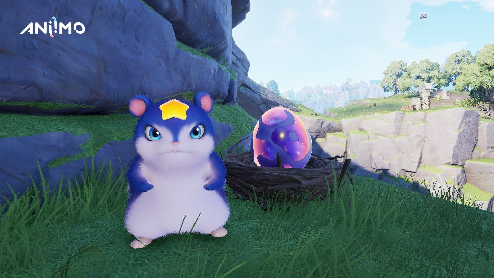 A Celestis Aniimo standing beside an Incredible Egg in Aniimo.