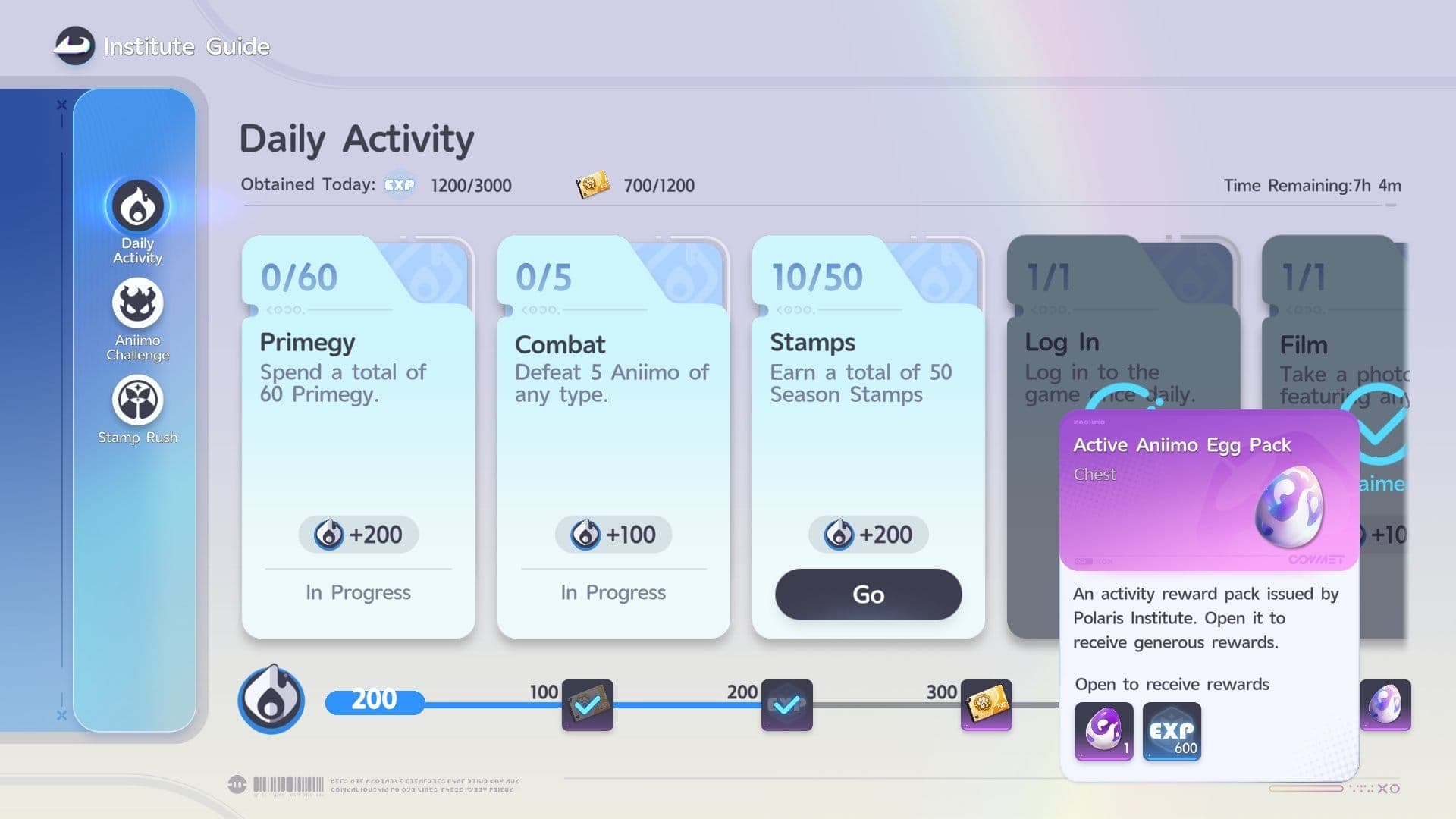 Completing your Daily Activities and earning enough Safaris (EXP) will award Pathfinders with unique rewards, including the Active Aniimo Egg pack containing an Incredible Egg.