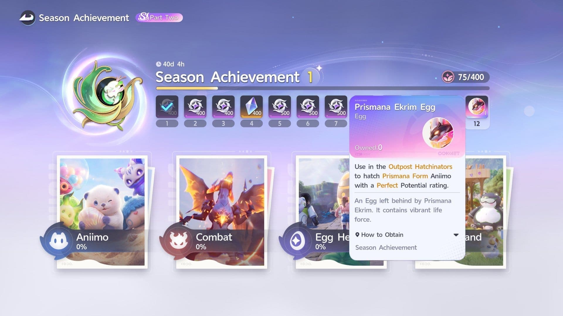 Complete various challenges under the Aniimo, Combat, Egg Heist and Homeland categories to contribute progress for the Season Achievement system to claim rewards including a Prismana Ekrim Egg.