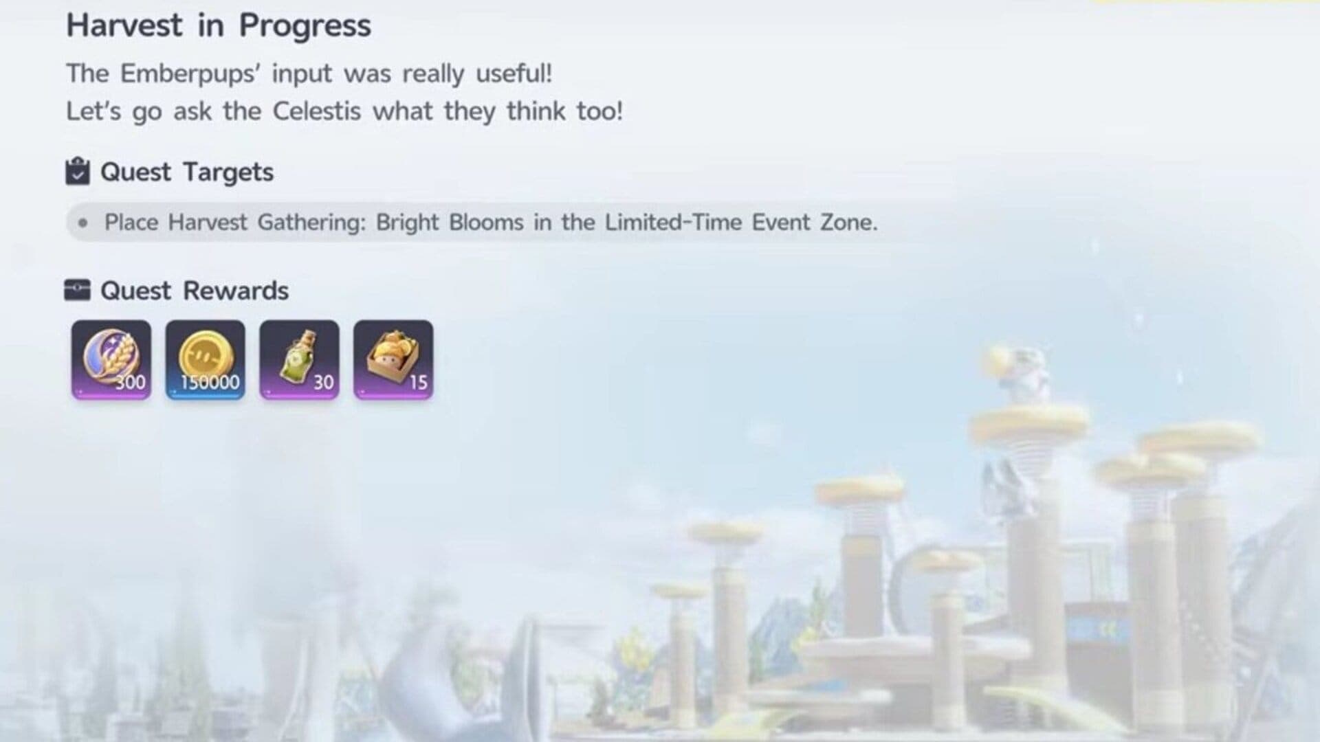 The "Place Harvest Gathering: Bright Blooms in the Limited-Time Event Zone" objective for the Harvest in Progress quest is reported to be a mistranslation by the Aniimo community.