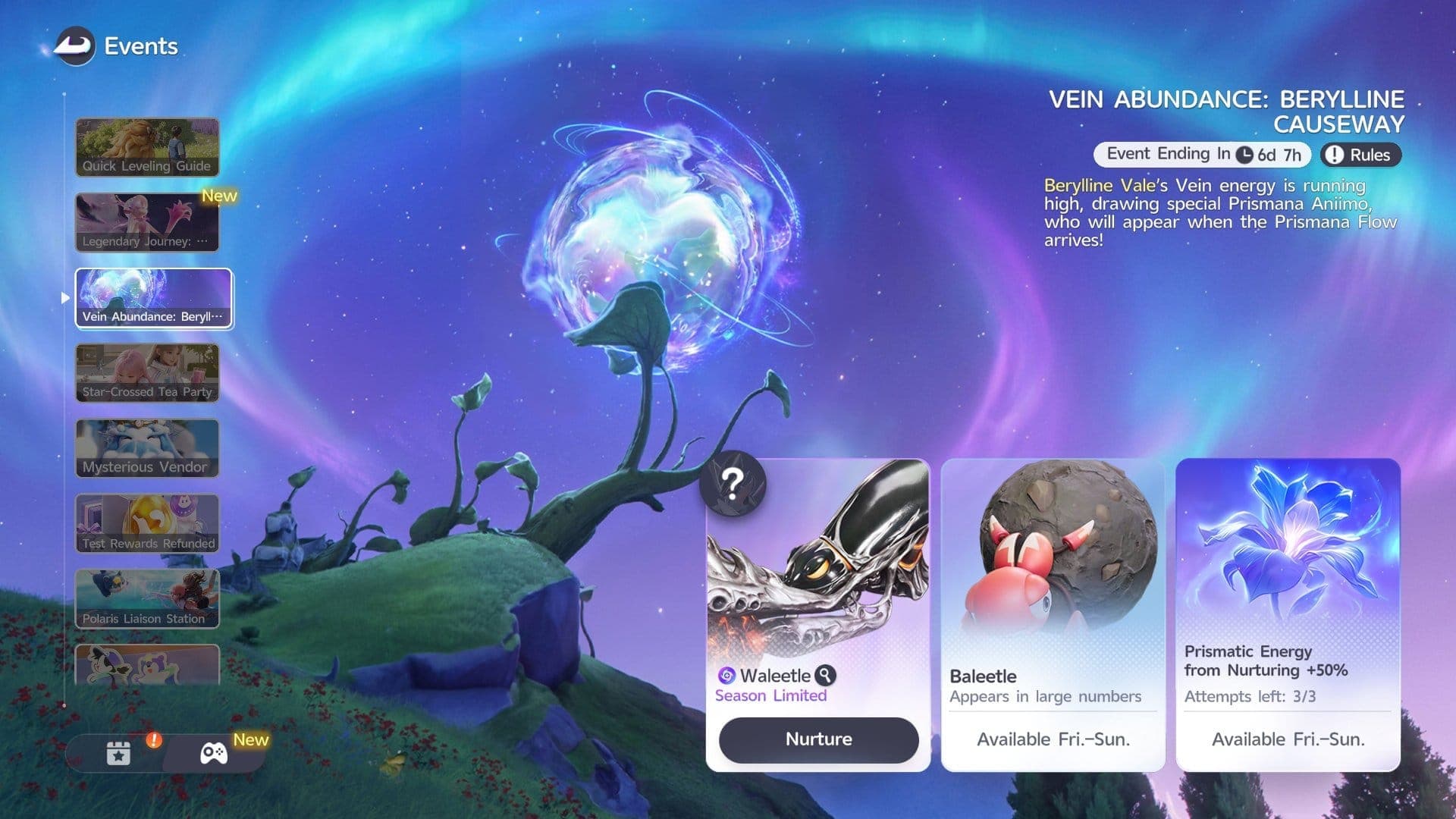 The official page for the Vein Abundance: Berylline Causeway event featuring Waleetle and Prismana Waleetle in Aniimo.