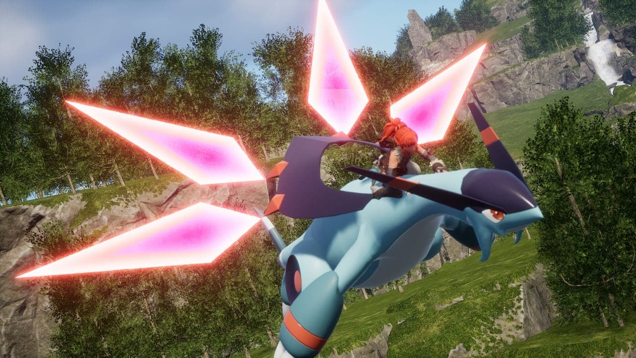 Flying on a Pal in Palworld.