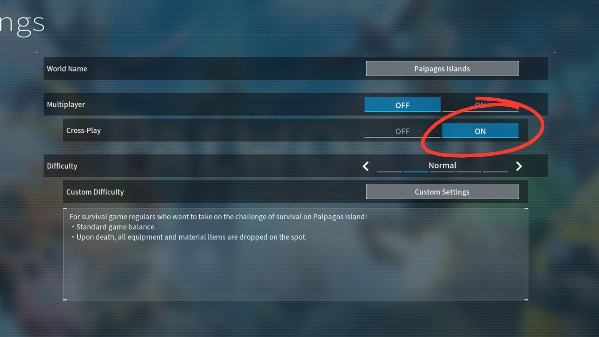 Red circle over Palworld's crossplay option.