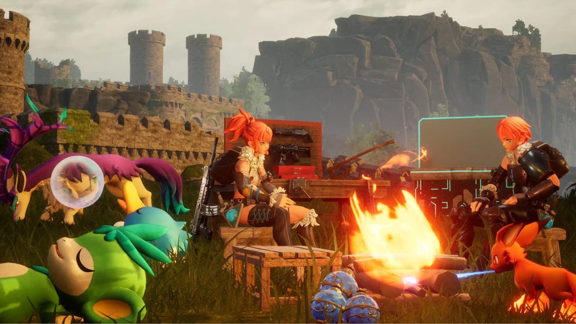 Two players sitting around a campfire with their Pals.
