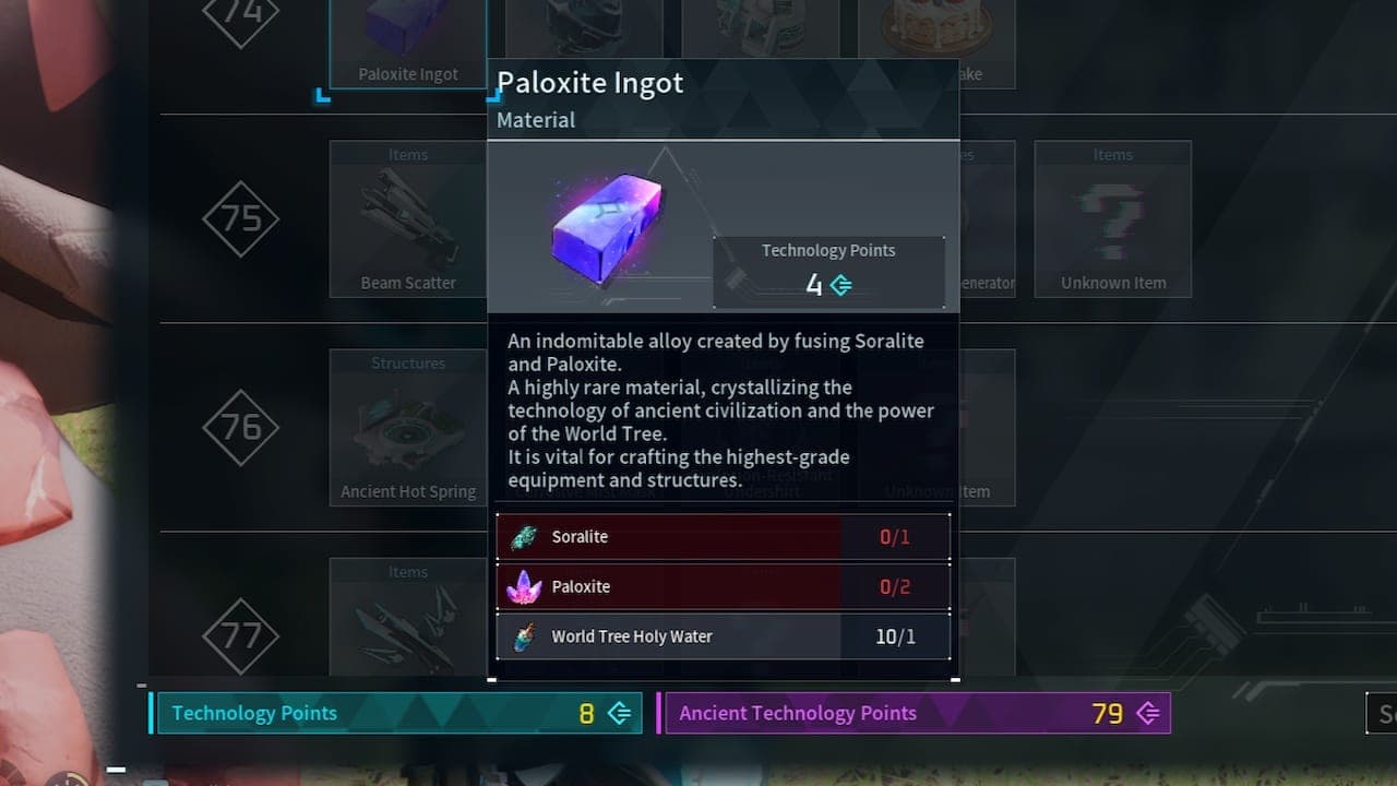 Paloxite Ingot recipe in Palworld.