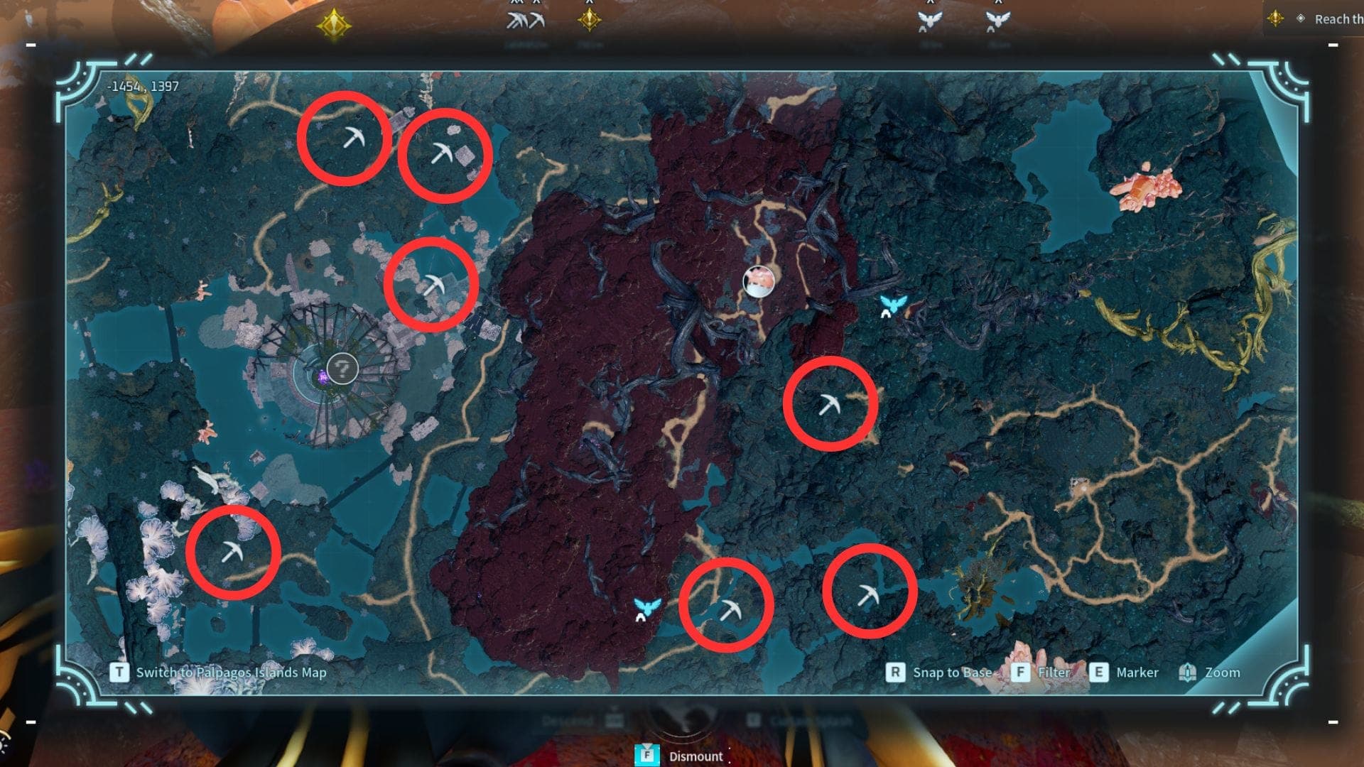 Paloxite ore locations in Wisteria Grove in Palworld.