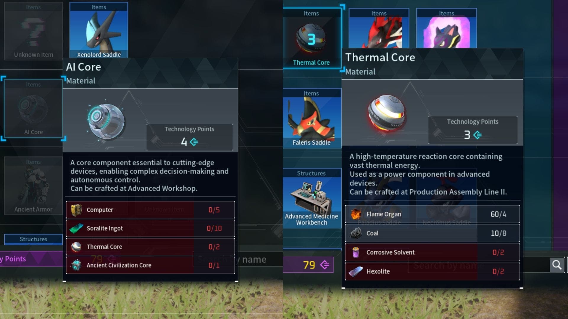 AI and Thermal Core crafting recipes in Palworld.
