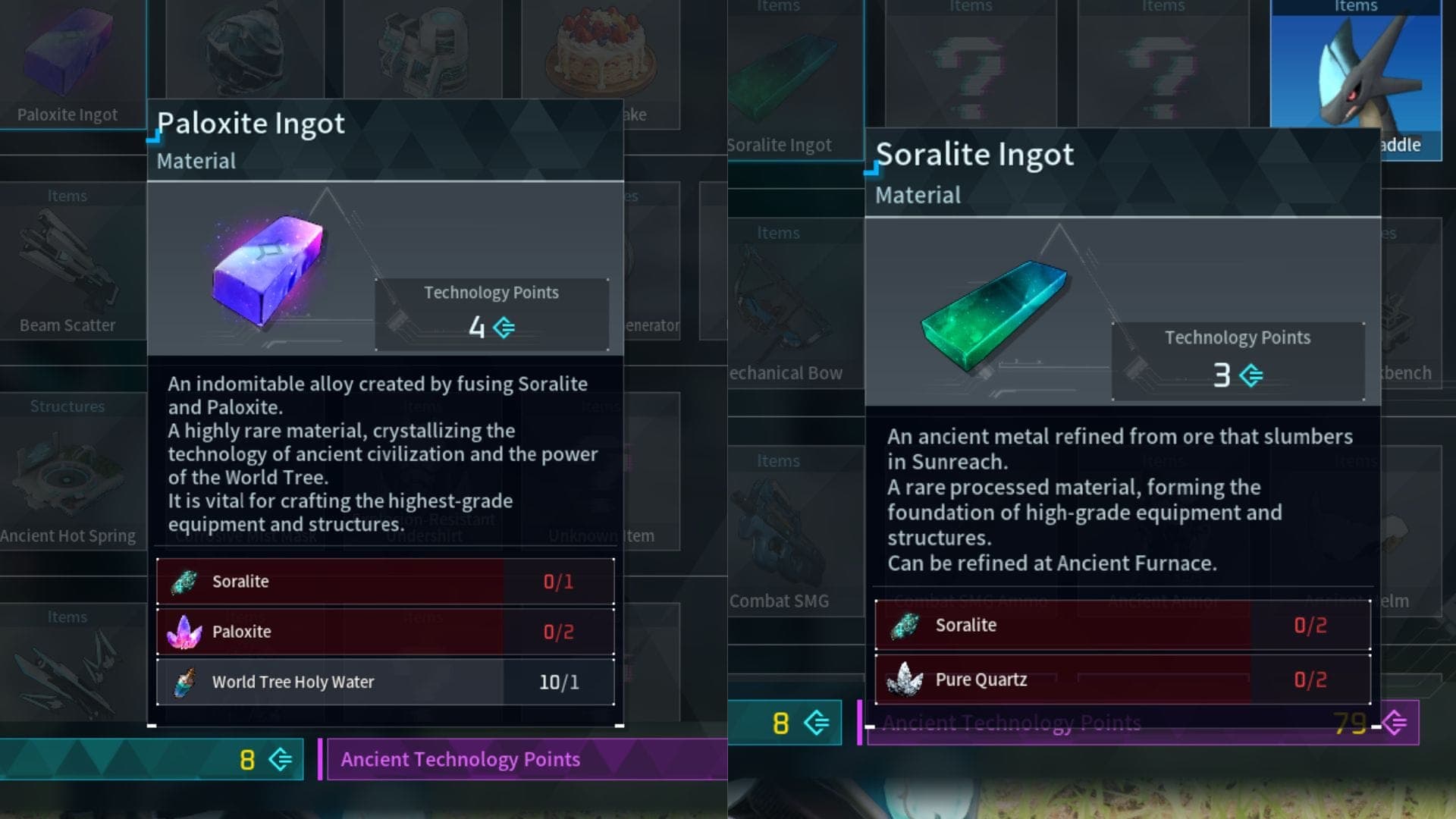 Paloxite and Soralite Ingots crafting recipes in Palworld.